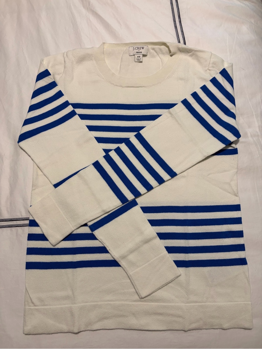 J. Crew Teddie Sweater in Cream and Royal Blue Stripes. XS